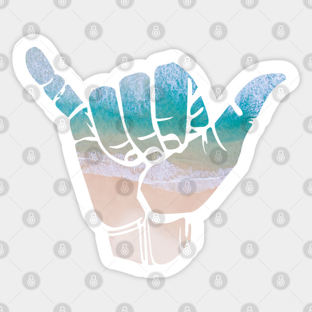 Shaka hang loose hand gesture with photograph of Bondi Beach, New South